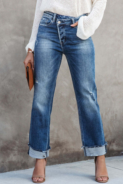 Street Make Old Asymmetrical Straight Denim Jeans