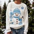 Comstylish Christmas Snowman Floral Embroidery Design Women's Flannel Sweater