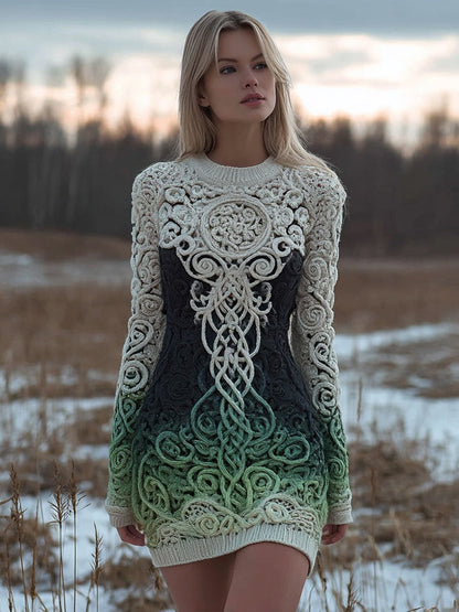 Viking Tree Of Life Vintage Gradient Mini Sweater Dress artswardrobe