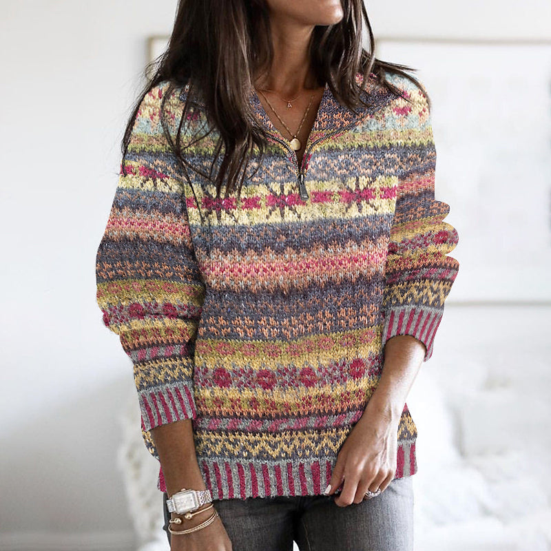 Vintage Ethnic Wavy Jacquard Contrast Print Stand Collar Zipper Sweater elevenforest