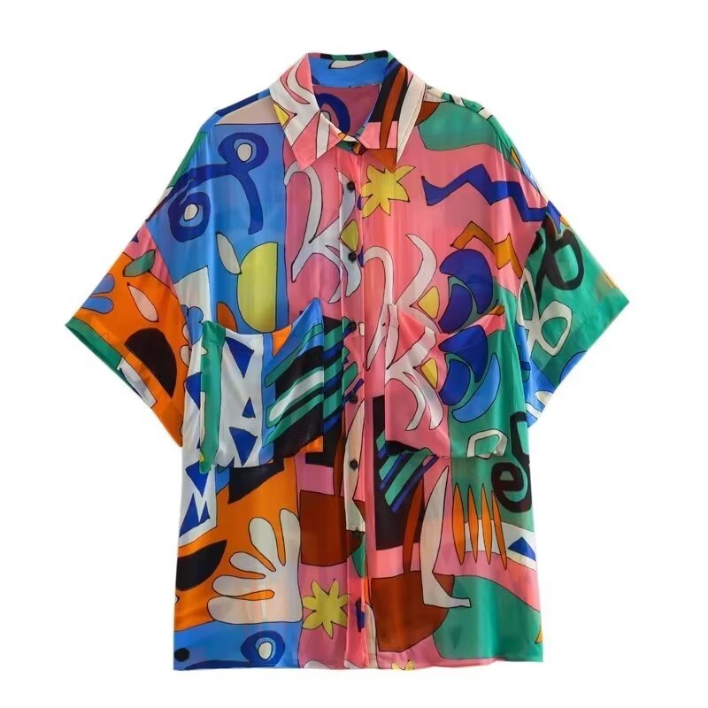 ’s Polo Collar Short Sleeve Blouse With Pocket Decoration