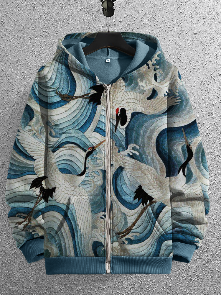 Men's Cranes Sea Waves Japanese Art Full Zip Hoodie elevenforest