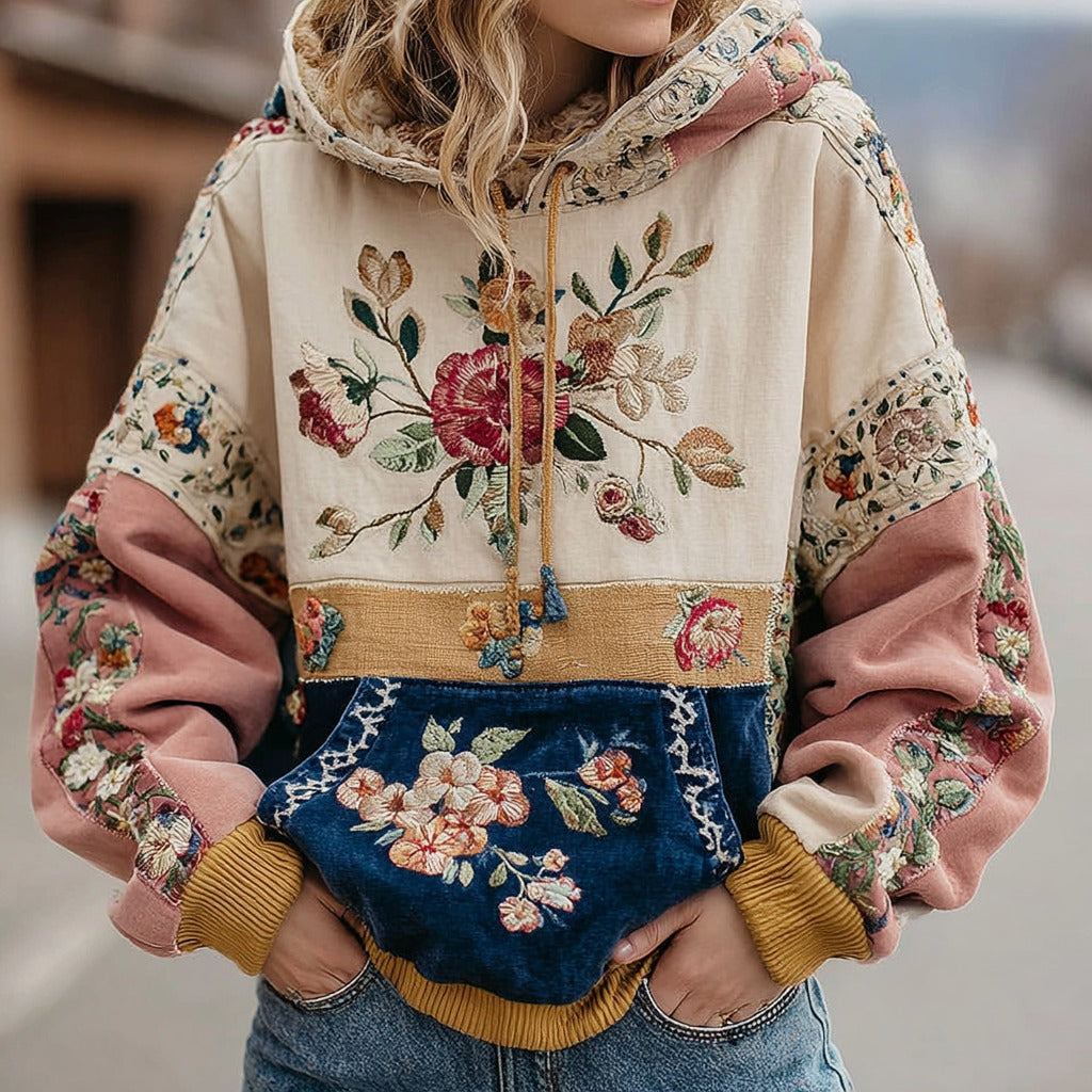 Women's Vintage Rose Floral Pattern Comfortable Warm Hoodie elevenforest
