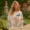 Women's Retro Bohemian Style Round Neck Comfortable Linen Top With Butterfly And Floral Pattern elevenforest