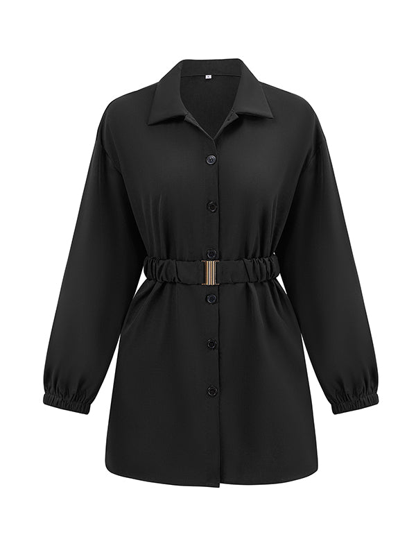 Loose Belted Color Lapel Blouses&shirts Tops Shirts Tops