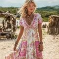 Vintage Boho Roses Pattern V Neck Flowy Linen Maxi Dress elevenforest