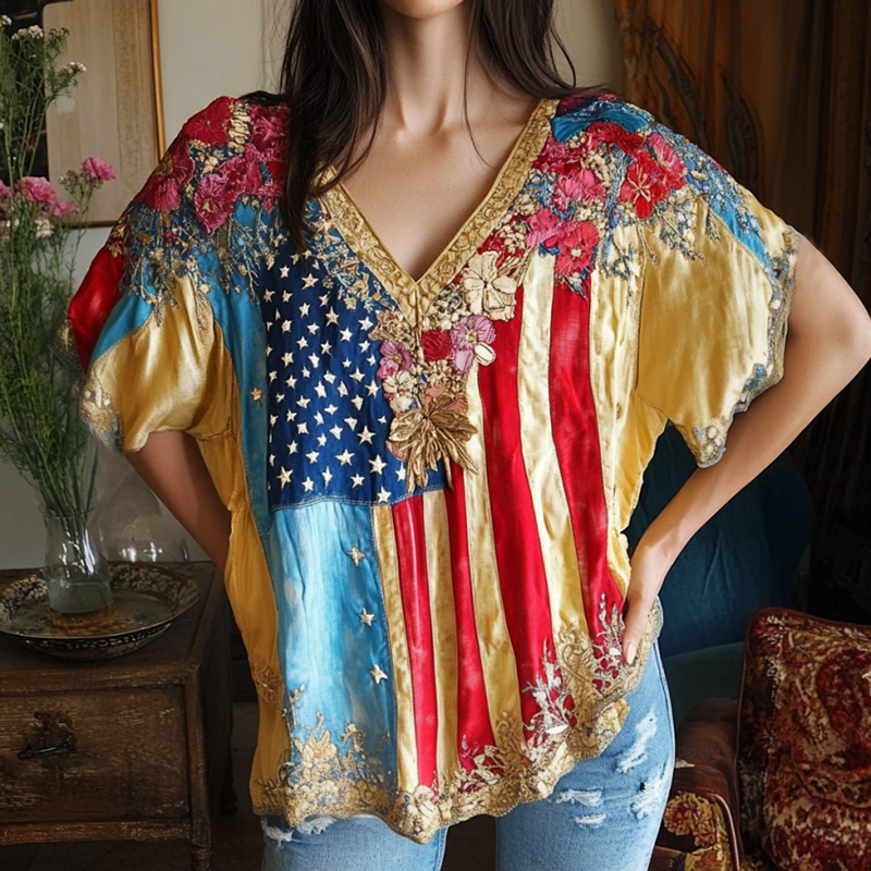 Women's Floral Embroidery Independence Day In Gold Short Sleeve V Neck Casual Linen Top elevenforest