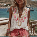 Vintage Pink Roses Embroidery Art Linen Casual Tank Top elevenforest