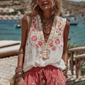 Vintage Pink Roses Embroidery Art Linen Casual Tank Top elevenforest