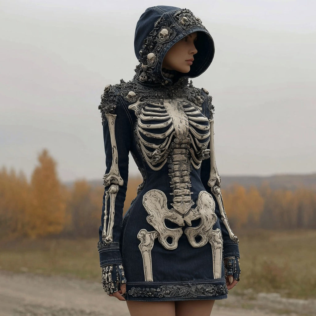 Women's Halloween Skull Art Comfortable Denim Mini Skirt elevenforest
