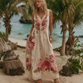 Women Vintage Pink Floral Embroidery Art V Neck Linen Maxi Dress elevenforest