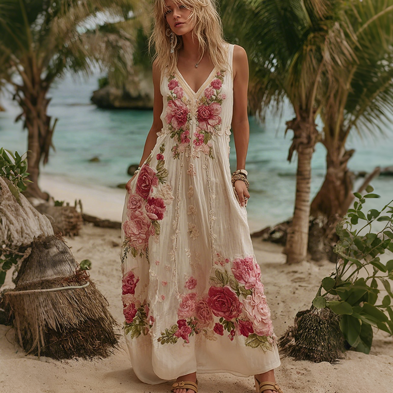 Women Vintage Pink Floral Embroidery Art V Neck Linen Maxi Dress elevenforest