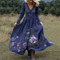 Vintage Classy Purple Floral Embroidered Linen Maxi Dress elevenforest