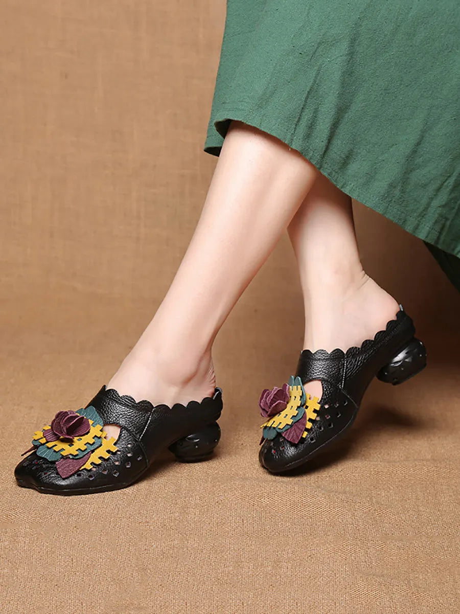 Summer Leather Flower Spliced Low Heel Sandals Fd014
