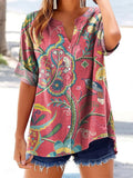 Women's Folk Floral Art Printed Casual Short Sleeve Cotton and Linen S