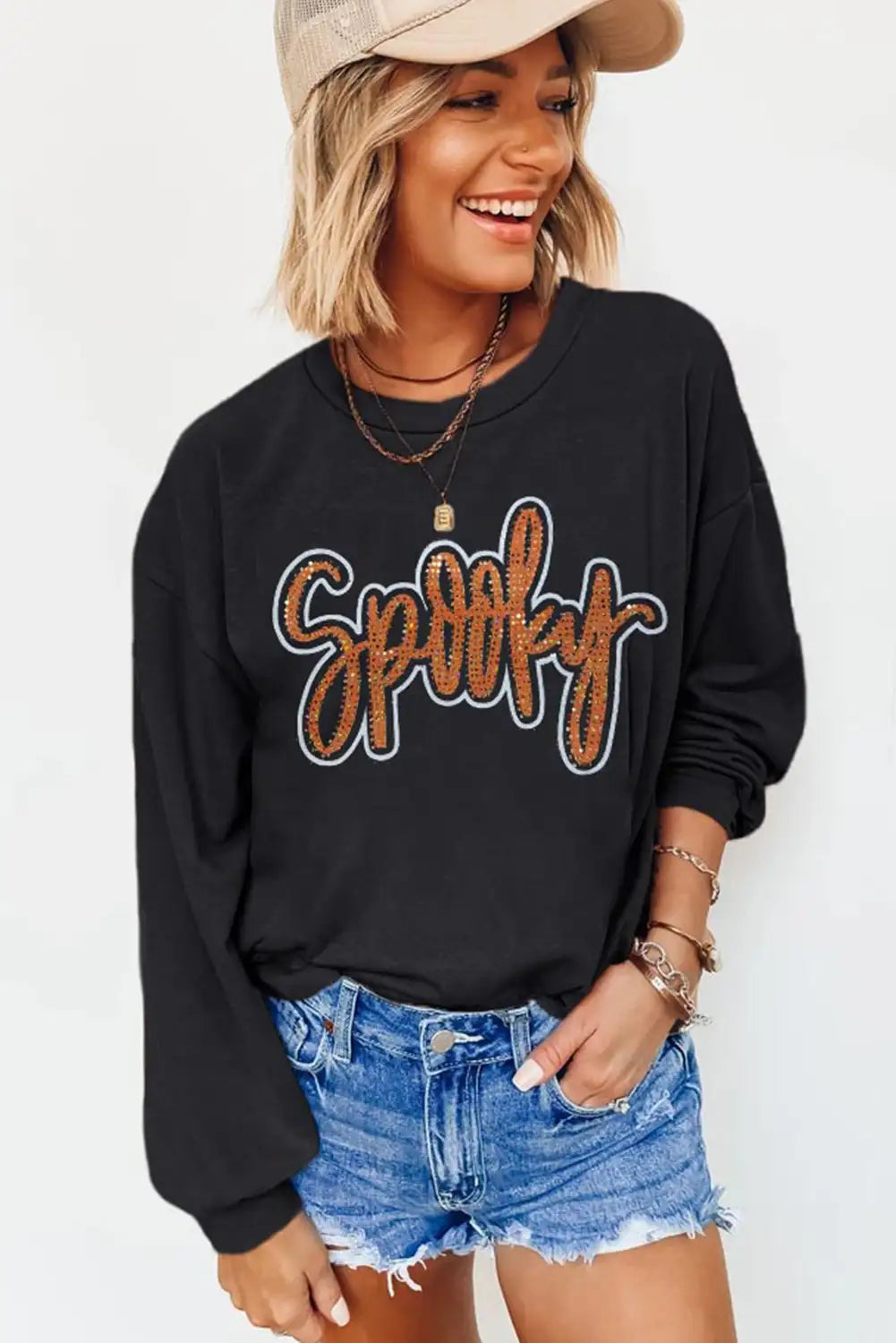 Spooky Rhinestone Drop Shoulder Sweatshirt