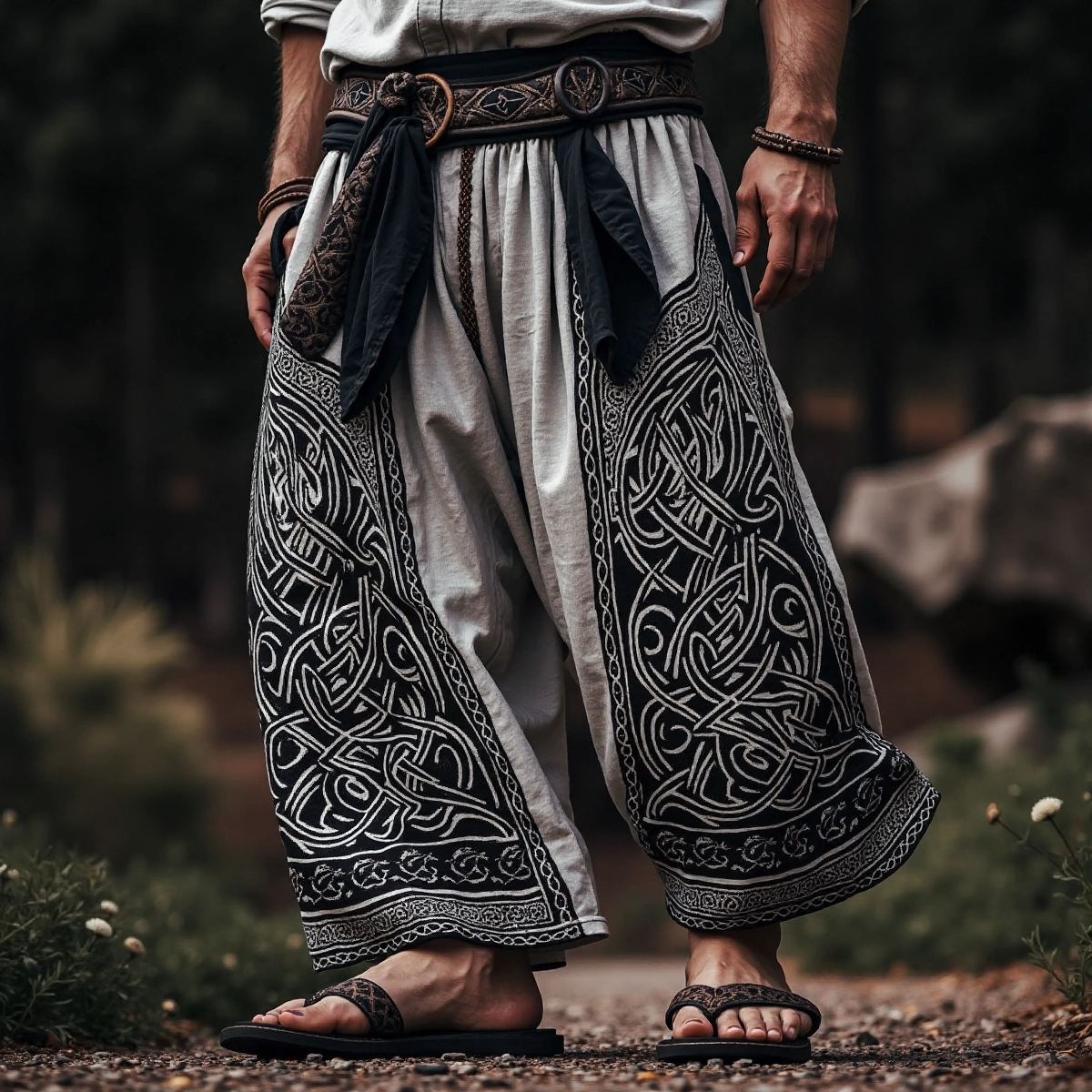 Retro  Viking Celtic Embroidery Art Linen Long Loose Wide-leg Pants elevenforest