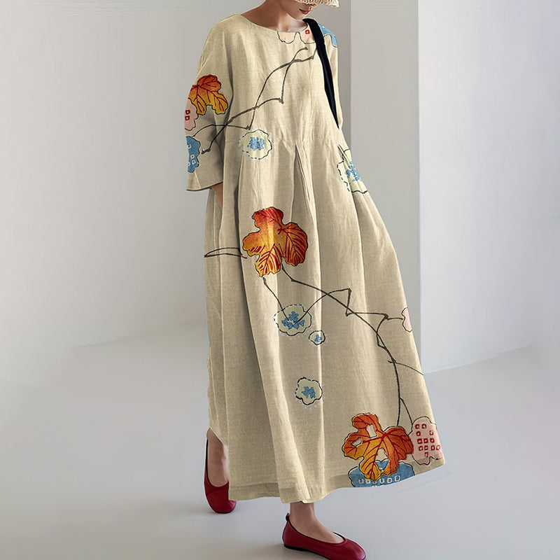 Vintage Japanese Floral Art Pattern Flowy Linen Maxi Dress elevenforest