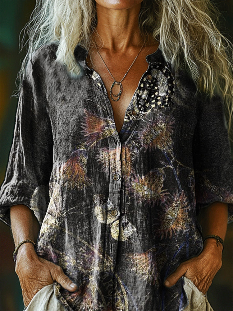 Women's Bohemian Floral Art Print Casual Cotton Linen Shirt