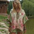 Love & Health Collection  Vintage Rose And Floral Patchwork Art V Neck Linen T-shirt elevenforest