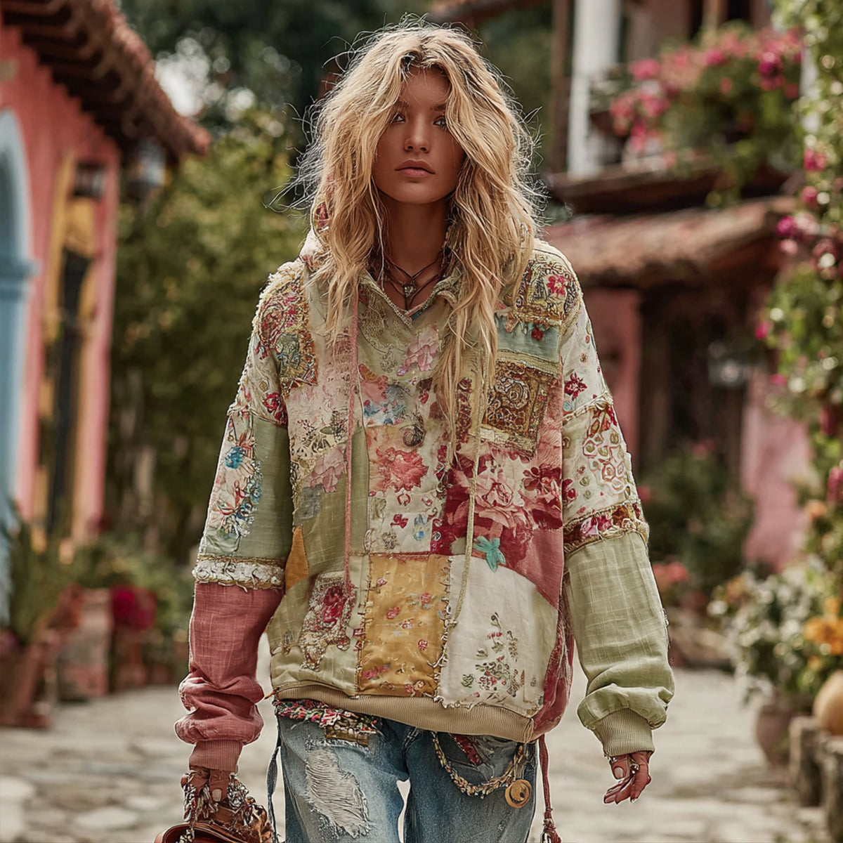 Women's Bohemian Floral Patchwork Cozy Hoodie elevenforest