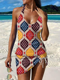 Women's Retro Geometric Pattern Shirred Swimsuit Set