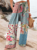 Women's Retro Botanical Floral Splicing Art Print Design Casual Pants elevenforest