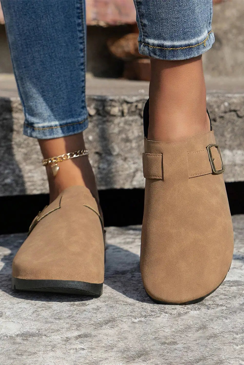 French Beige Suede Buckle Slippers