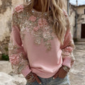 Women's Pink Rose Embroidery Art Round Neck Casual Sweatshirt elevenforest