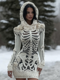 Women's Vintage Halloween Skeleton Bones With Rose Art Cozy Knit Hooded Sweater Dress elevenforest