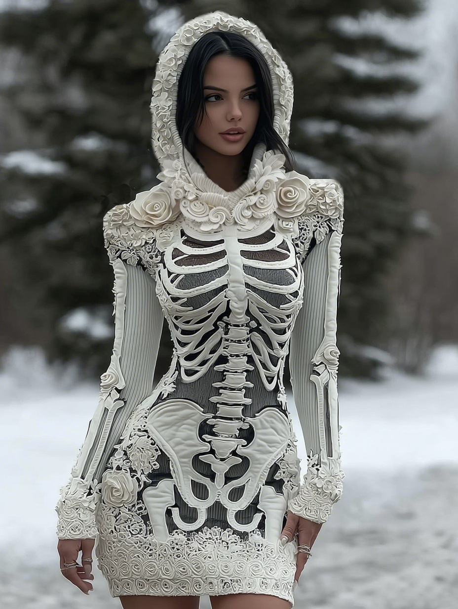 Women's Vintage Halloween Skeleton Bones With Rose Art Cozy Knit Hooded Sweater Dress elevenforest