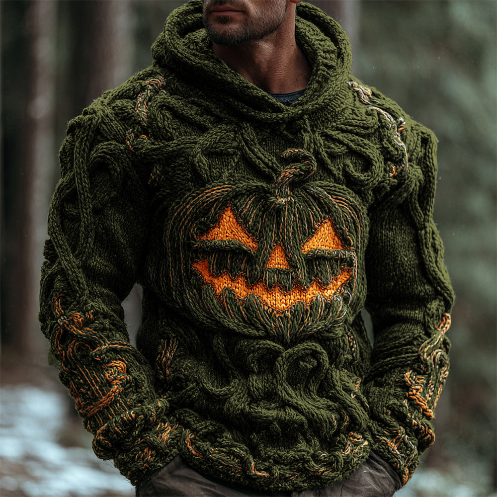 Halloween Pumpkin Emoji Men's Chunky Knit Hooded Sweater elevenforest