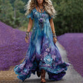Vintage Purple And Blue Lavender Patchwork And Floral Embroidered Art Linen Round Neck Maxi Dress elevenforest
