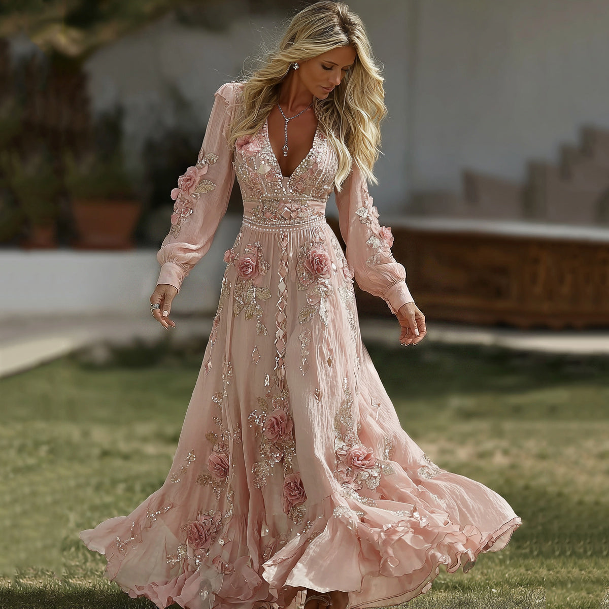 Women's Pink Rose Embroidered Art V-neck Midi Dress elevenforest