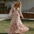 Women's Pink Rose Embroidered Art V-neck Midi Dress elevenforest