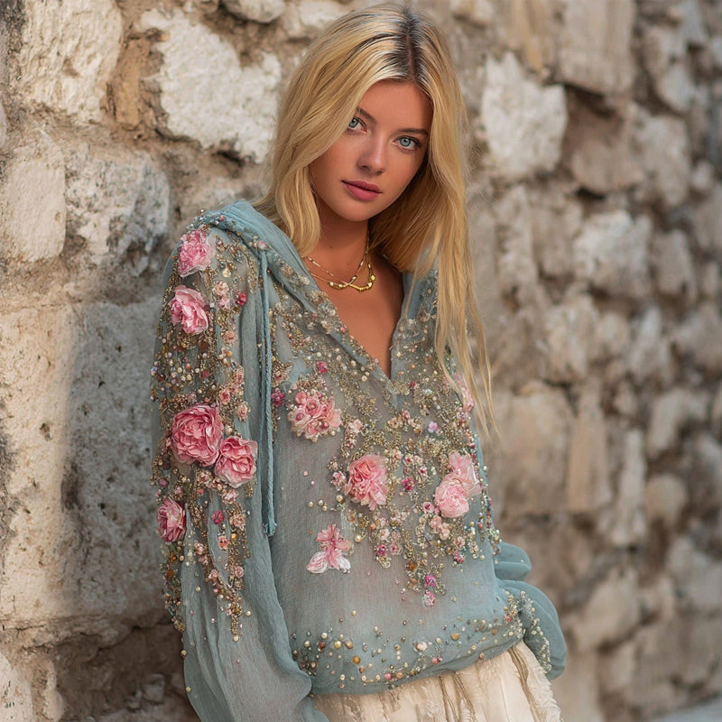 Vintage Boho Pink Flowers Embroidered Cozy Linen Hoodie elevenforest