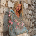 Vintage Boho Pink Flowers Embroidered Cozy Linen Hoodie elevenforest