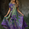 Oil Painting Purple Irises Embroidered Lace Patchwork Linen Maxi Dress elevenforest