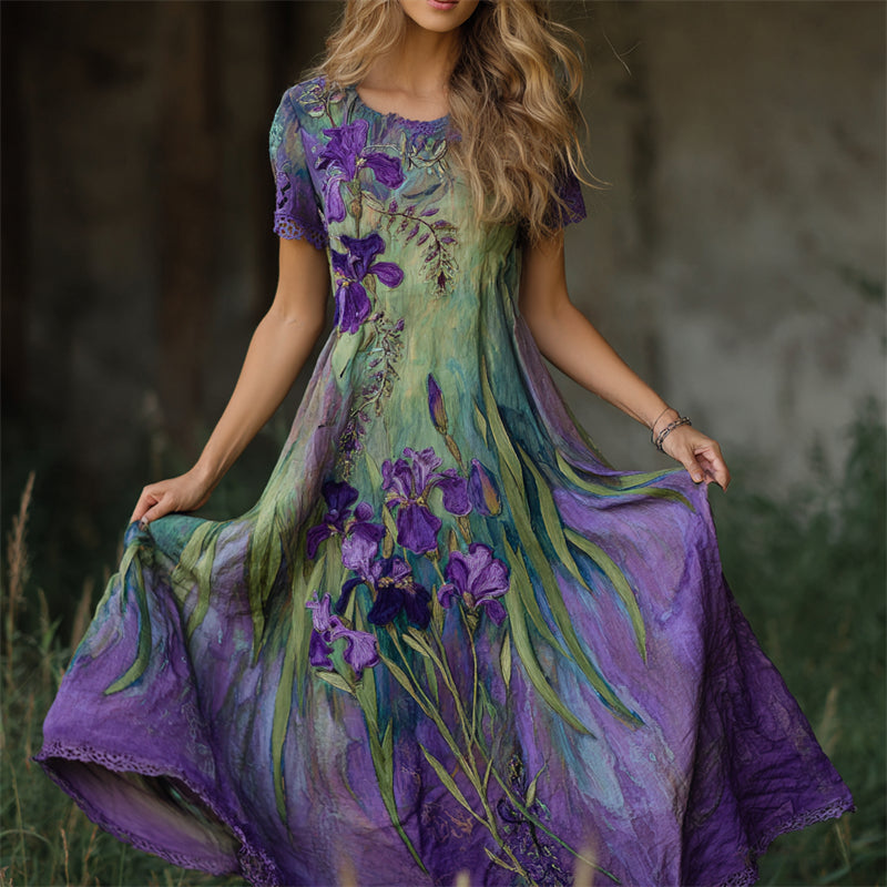 Oil Painting Purple Irises Embroidered Lace Patchwork Linen Maxi Dress elevenforest