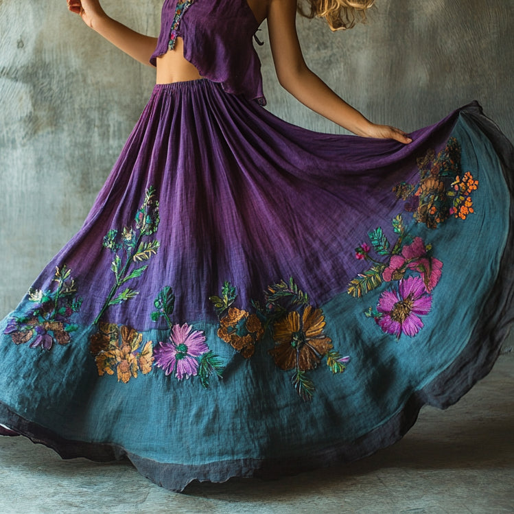 Vintage Floral Embroidered Gradient Pattern Art Linen Blend Skirt elevenforest