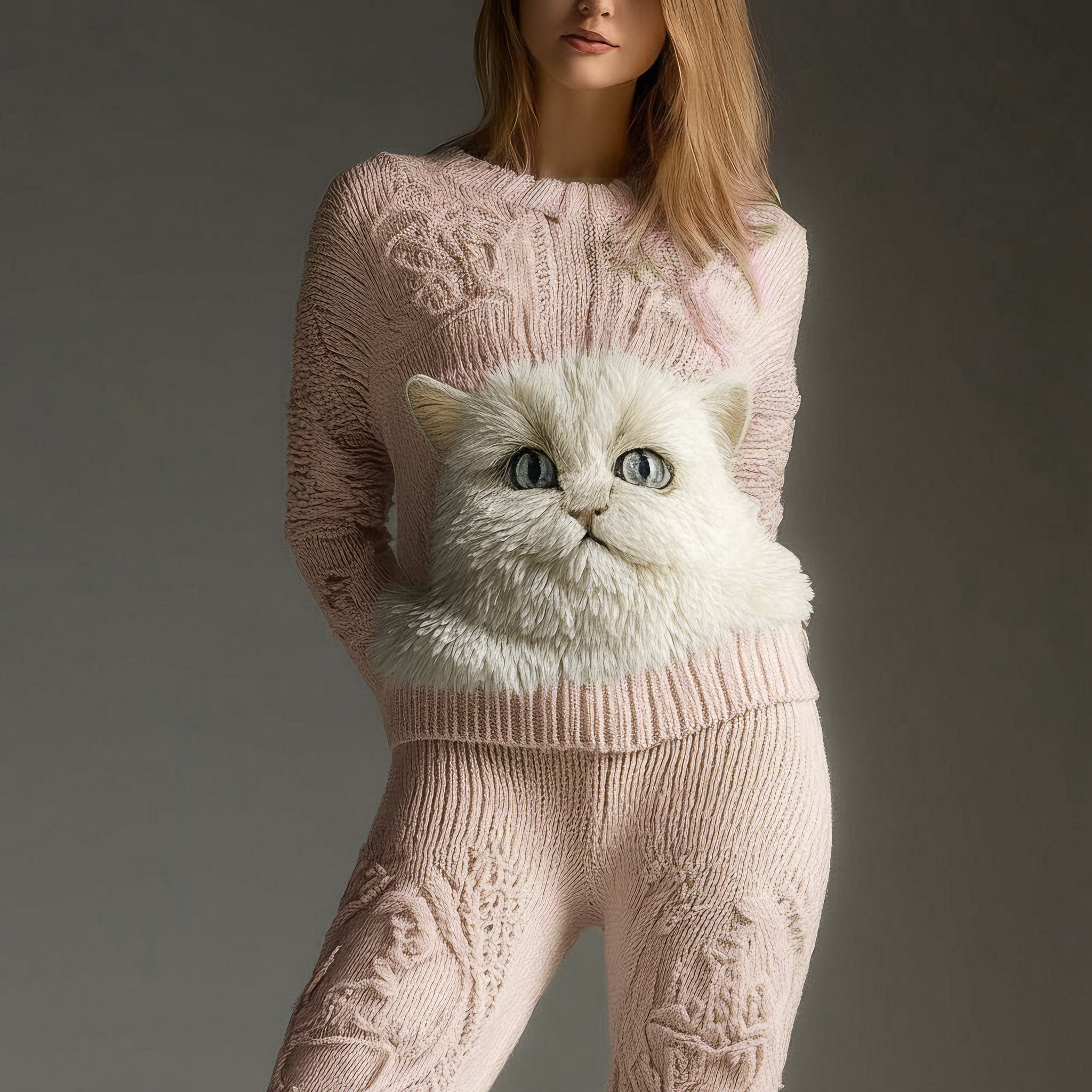 Cute Fuzzy Cat Face Embroidered Cozy Knit Sweater elevenforest