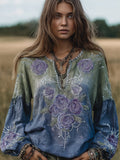 Women's Embroidery Rose Gradient Casual Long-sleeved Shirt elevenforest