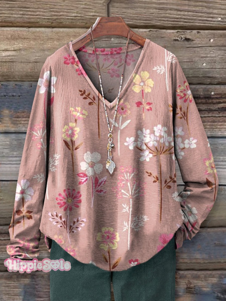 Women's Vintage Flower Art Print Casual V-neck Long Sleeve T-shirt