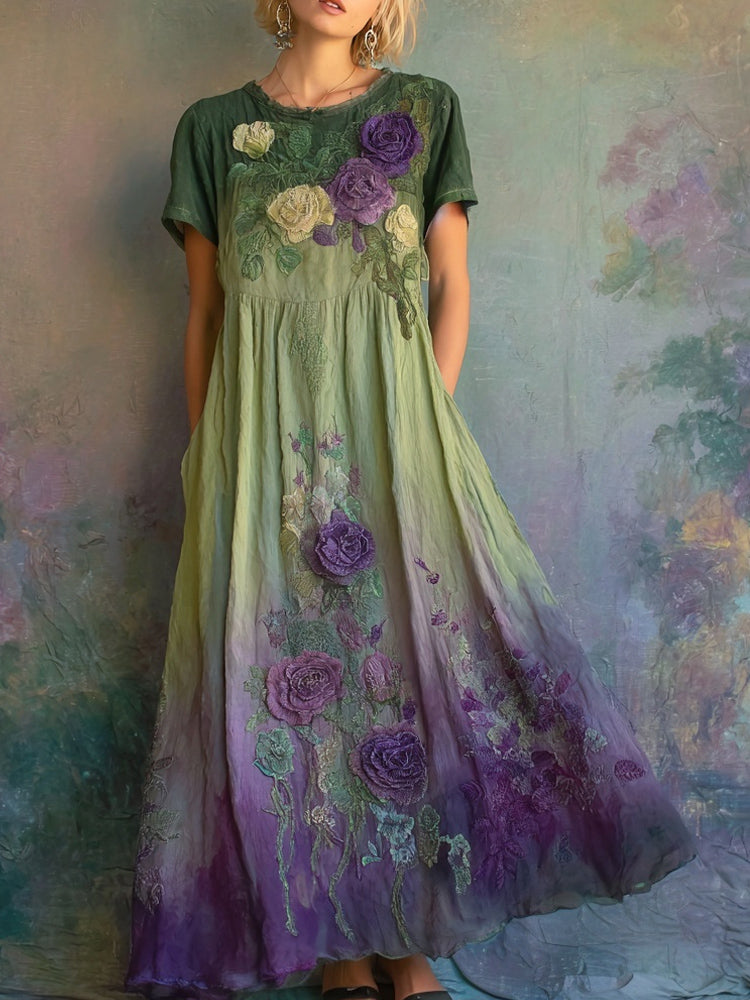 Vintage Roses Embroidered Gradient Linen Maxi Dress elevenforest
