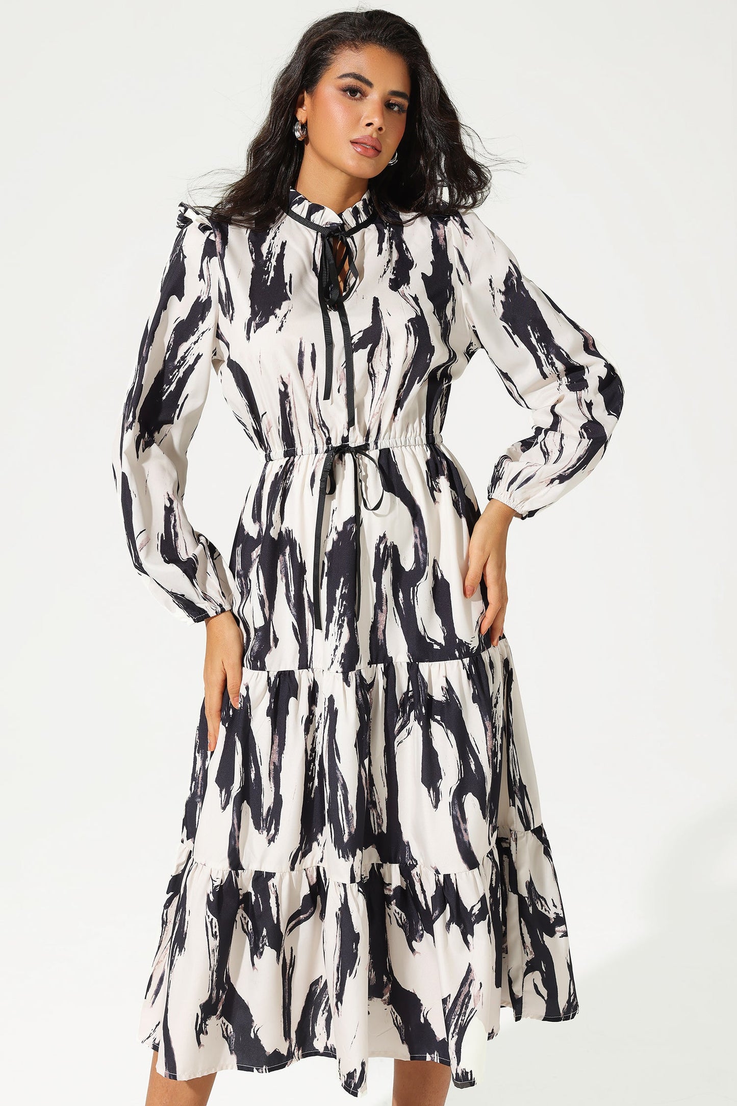 Printed Long Sleeve Crew Collar Lace Up Midi Dress