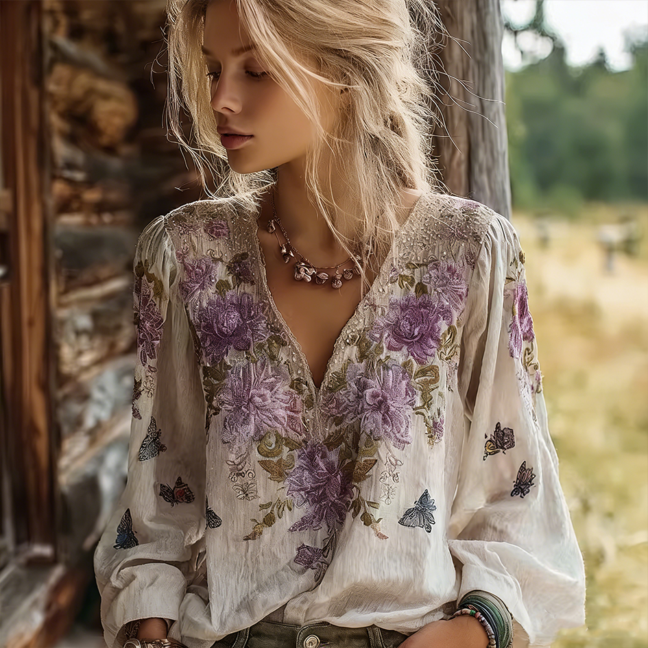 Bohemian Style Purple Flower And Butterfly Pattern Women's V-neck Top elevenforest