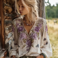 Bohemian Style Purple Flower And Butterfly Pattern Women's V-neck Top elevenforest