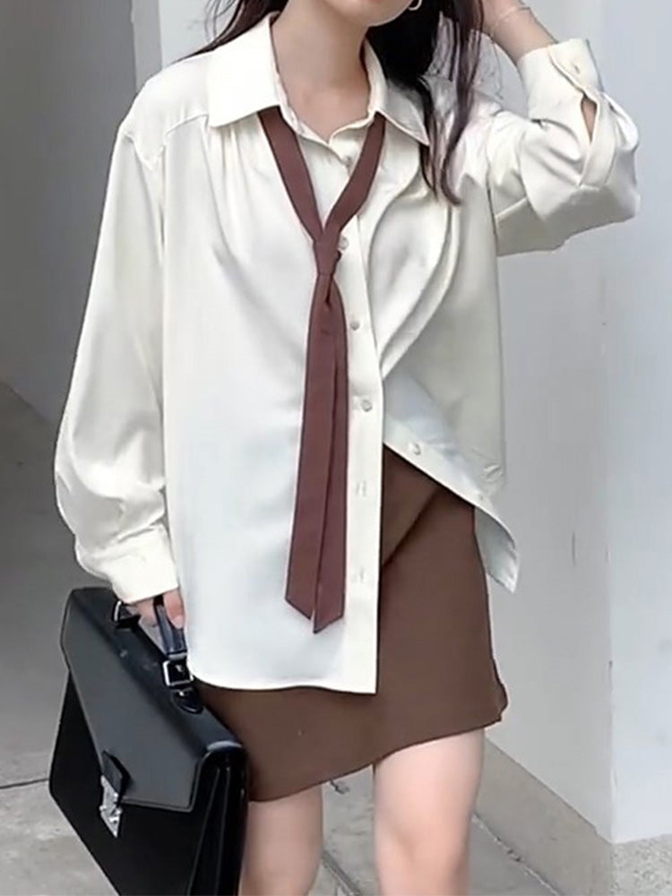 Spring Minimalist Long Sleeve Button Up Shirt Korean Style Tie Shirts Blouse Loose Clothes Tops