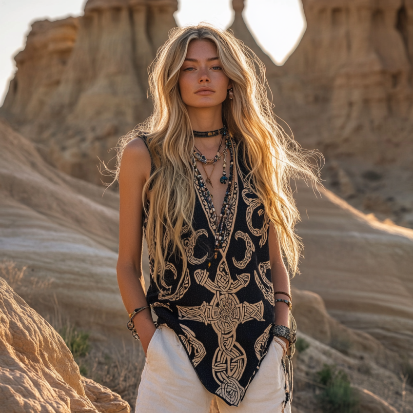 Women's Viking Tribal With Celtic Knot Pattern Art Linen  Sleeveless Top elevenforest
