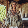 Vintage Tribal Floral Embroidery Art Casual Shirt elevenforest